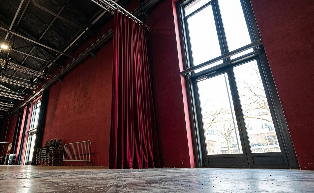 Grote theaterruimte met rode wanden en zware rode gordijnen voor een raam met uitzicht op straat.